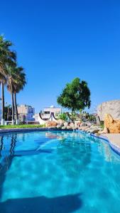 马萨特兰Hill House Mazatlan - Bed & Breakfast的一座拥有蓝色海水和棕榈树的游泳池