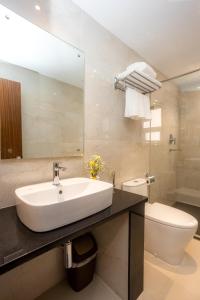 加德满都Kailash Boutique Hotel的一间带水槽、卫生间和镜子的浴室