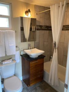 卡纳布The Flagstone Boutique Inn & Suites的浴室配有盥洗盆、卫生间和浴缸。