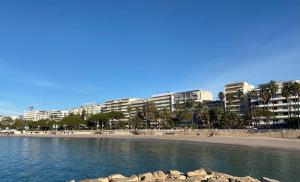 戛纳Superbe Appartement Hypercentre climatisé的享有海滩美景,拥有建筑背景