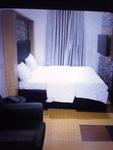 莱基St Theresas apartment Lodge 3的一间卧室配有一张带白色床单和一张沙发的床。