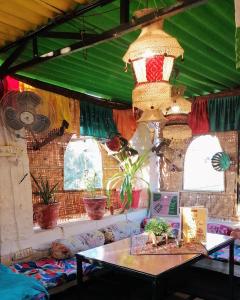 斋沙默尔Crazy Camel Hotel & Safari的一间设有桌子、一些植物和窗户的房间