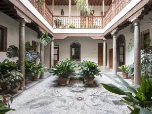 格拉纳达Chezmoihomes Alhambra Penthouse的建筑中种有盆栽植物的庭院