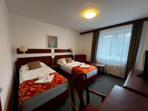 奥赫热河畔克拉什泰莱茨波希米亚精华酒店的酒店客房设有两张床和一张桌子。
