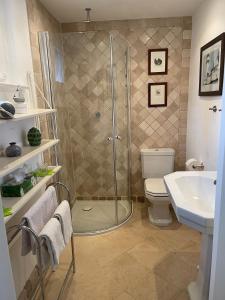 罗斯托克Strandgut的带淋浴、卫生间和盥洗盆的浴室
