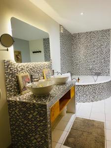圣艾米隆尚布欧维莱酒店的一间带浴缸的台面上两个水槽的浴室