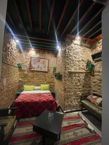突尼斯Dar kenza Tunis的卧室配有一张石墙床