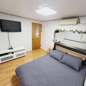 首尔Cozy Private Home Newly Renovated的一间卧室配有一张床和一台平面电视