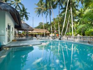 翡诺岛Amilla Maldives的棕榈树度假村前的游泳池