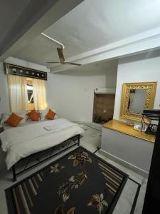斋沙默尔Hostel Desert Home Stay的一间卧室配有床、镜子和地毯