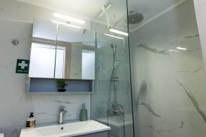 比雷埃夫斯Modern Cozy 1 Bd Piraeus Perfection Apt的带淋浴、盥洗盆和镜子的浴室