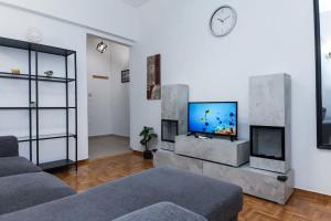 比雷埃夫斯Modern Cozy 1 Bd Piraeus Perfection Apt的客厅配有沙发和墙上的电视