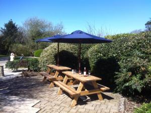 霍普湾Spring Barn at Bolberry Court的一张带蓝伞的木制野餐桌