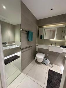 伦敦Studio come 1 Bed flat in Vauxhall next to Battersea的一间带卫生间、水槽和镜子的浴室