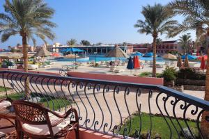 马萨阿拉姆MG Alexander The Great Hotel的享有棕榈树和长椅游泳池的景色
