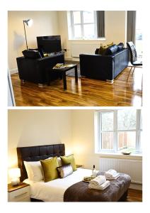 斯坦维尔Lux 2 Bedroom 2 Bathroom APT at HEATHROW AIRPORT- free parking- Near The terminals-Easy access to Central London- Family Friendly的一张床铺和一张沙发的客厅的两张照片