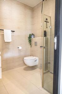 Blue BayBlue Bay Resort luxury apartment Palm View的一间带卫生间和玻璃淋浴间的浴室