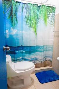 别克斯Studio 4 Casiguaya with Garden access的一间带卫生间和热带淋浴帘的浴室