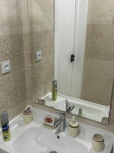 撒马尔罕Apartment for tourists的浴室水槽和上面的大镜子