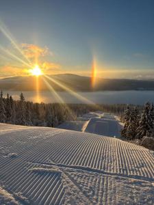 奥勒Bagargården7. bed & breakfast (Åre Bageri)的雪覆盖的山坡,有太阳背景