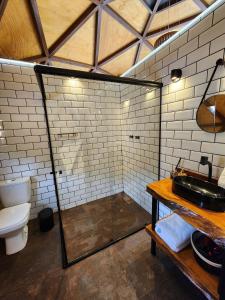 塞拉内格拉O Chalezinho的带淋浴、水槽和卫生间的浴室