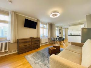 波茨坦Amaroo - Apartments Potsdam “Brandenburger Tor”的带沙发的客厅和厨房