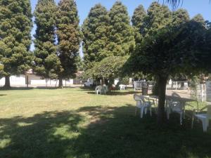 洛斯安赫莱斯Hotel Sol de Alicante的树木繁茂的公园里的野餐桌椅