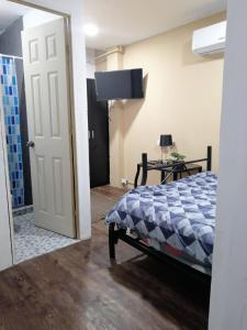 圣萨尔瓦多Comfort Home Escalón的一间卧室配有一张床、一台电视和一扇门