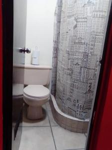 圣萨尔瓦多Comfort Home Escalón的一间带卫生间和淋浴帘的浴室