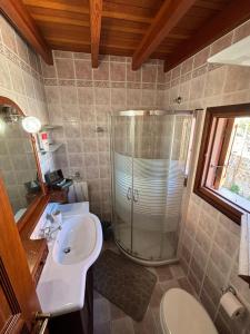 罗德镇Suite del Capitano的一间带玻璃淋浴和水槽的浴室