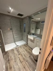 莫法特Luxury Moffat Apartment - High End Furnishing的带淋浴、卫生间和盥洗盆的浴室