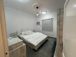 麦地那شقة العقيق عروة alaqeeq apartments的一间卧室配有一张床和吊灯