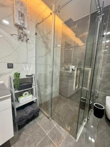 阿克拉Deluxe Studio Apartments at Kass Towers Accra - Upper Floor By VP Properties的浴室里设有玻璃门淋浴