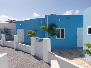 努尔德Apricity Suites Aruba的蓝色的房子,有白色的围栏和棕榈树