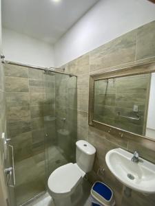圣玛尔塔Encanto Apartahotel的浴室配有卫生间、盥洗盆和淋浴。