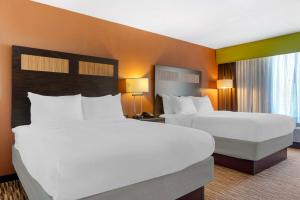 丹伯里Comfort Inn & Suites Danbury-Bethel的酒店客房设有两张床和两盏灯。