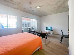 布宜诺斯艾利斯Charming Studio in the Heart of La Boca - Caminito的一间卧室配有一张床、一张桌子和一张书桌