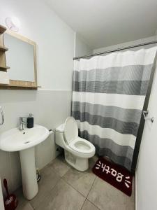 危地马拉Apartamento zona 4, Ciudad de Guatemala的浴室配有水槽、卫生间和浴帘