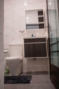 库马西Sleek Luxury Homes的一间带卫生间、水槽和镜子的浴室