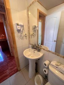 平托Cabañas Rukaparra的一间带水槽、镜子和卫生间的浴室