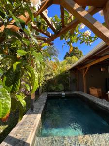格兰贝伊Tropical 3-bedrooms Coastal Residence Creolia的花园内的游泳池,花园内设有木制凉棚
