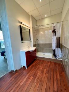 奥登河畔的布雷特维尔Superbe Maison de maître 10 chambres 300 m2 Caen的大型浴室设有水槽和淋浴。