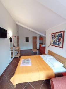 贝西奇Markovic Apartmani Becici的一间带大床的卧室和一间客厅