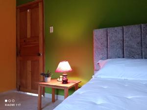 拉基拉Buenavista, espacio natural的一间卧室配有一张床和一张带台灯的桌子