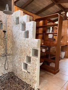 TaravaoMy Mountain Home的带淋浴的浴室,墙壁上设有岩石