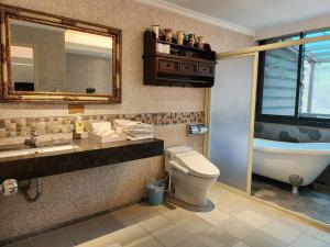 三义喆娟梦田的浴室配有盥洗盆、卫生间和浴缸。