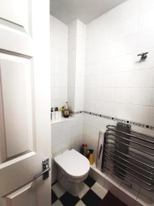 都柏林Charming apartment with big terrace in Sandymount的一间带卫生间的浴室,铺有黑白地板。