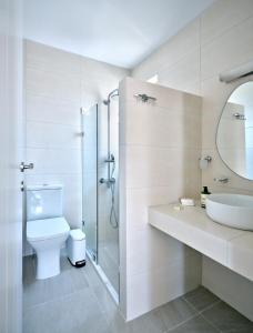 纳乌萨Villa Maria - Naoussa Boats Blue & Sandy Suite的浴室配有卫生间、盥洗盆和淋浴。