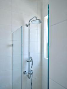 纳乌萨Villa Maria - Naoussa Boats Blue & Sandy Suite的玻璃门淋浴和淋浴头