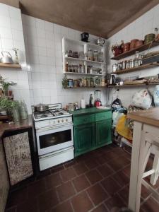 布宜诺斯艾利斯La Risa de la Medusa的厨房配有绿色橱柜和白色炉灶。